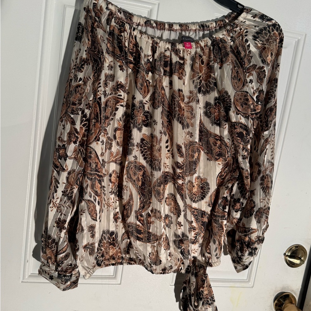 Vince Camuto Cream and Brown Paisley Off-Shoulder Blouse